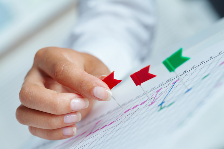 Hand placing red flag pins on a financial chart with rising and falling trend lines
