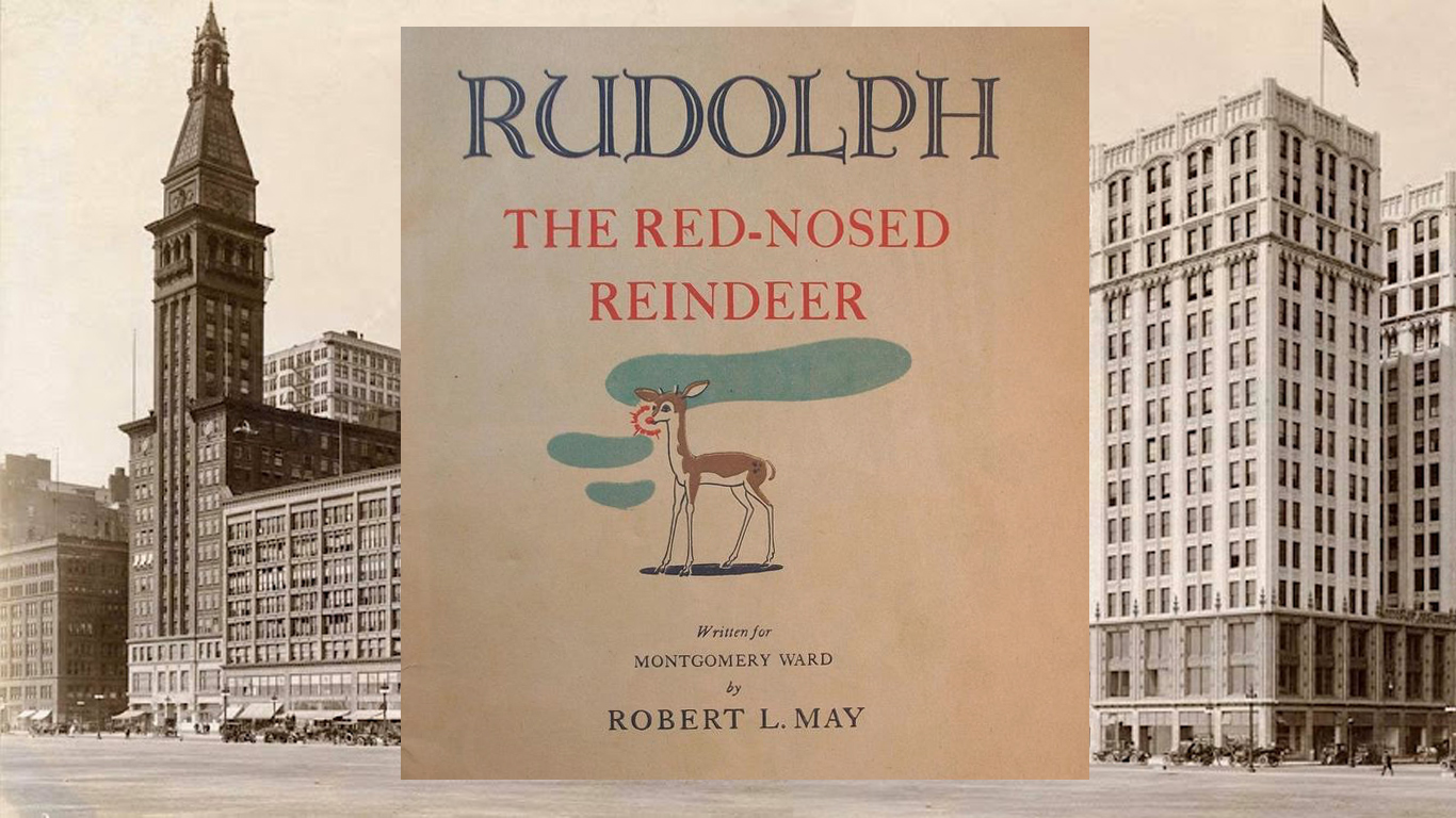 Original Montgomery Ward Rudolph the Red-Nosed Reindeer booklet photographed over historic Chicago Montgomery Ward building