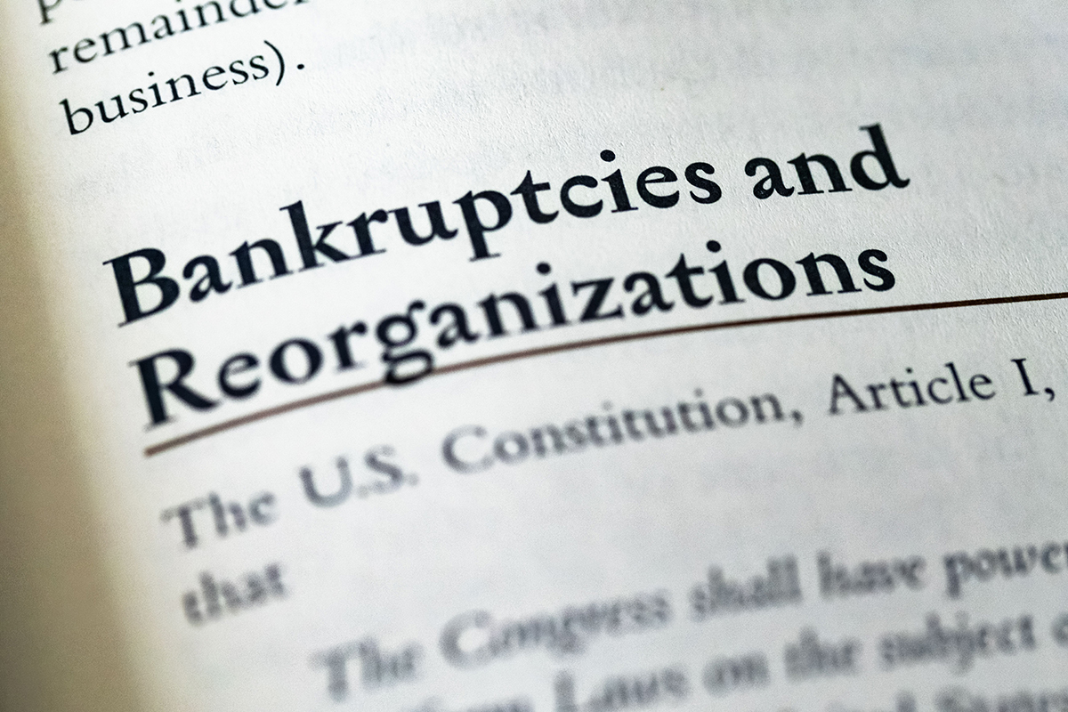 Close-up of a legal text page with the heading "Bankruptcies and Reorganizations" and a reference to Article I of the U.S. Constitution